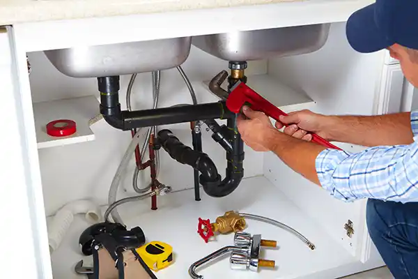 Handyman fixing a pipe leak under a kitchen sink