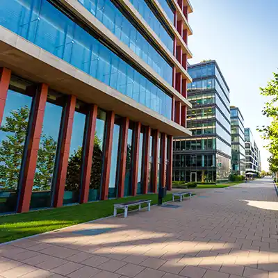 Large, modern commercial buildings